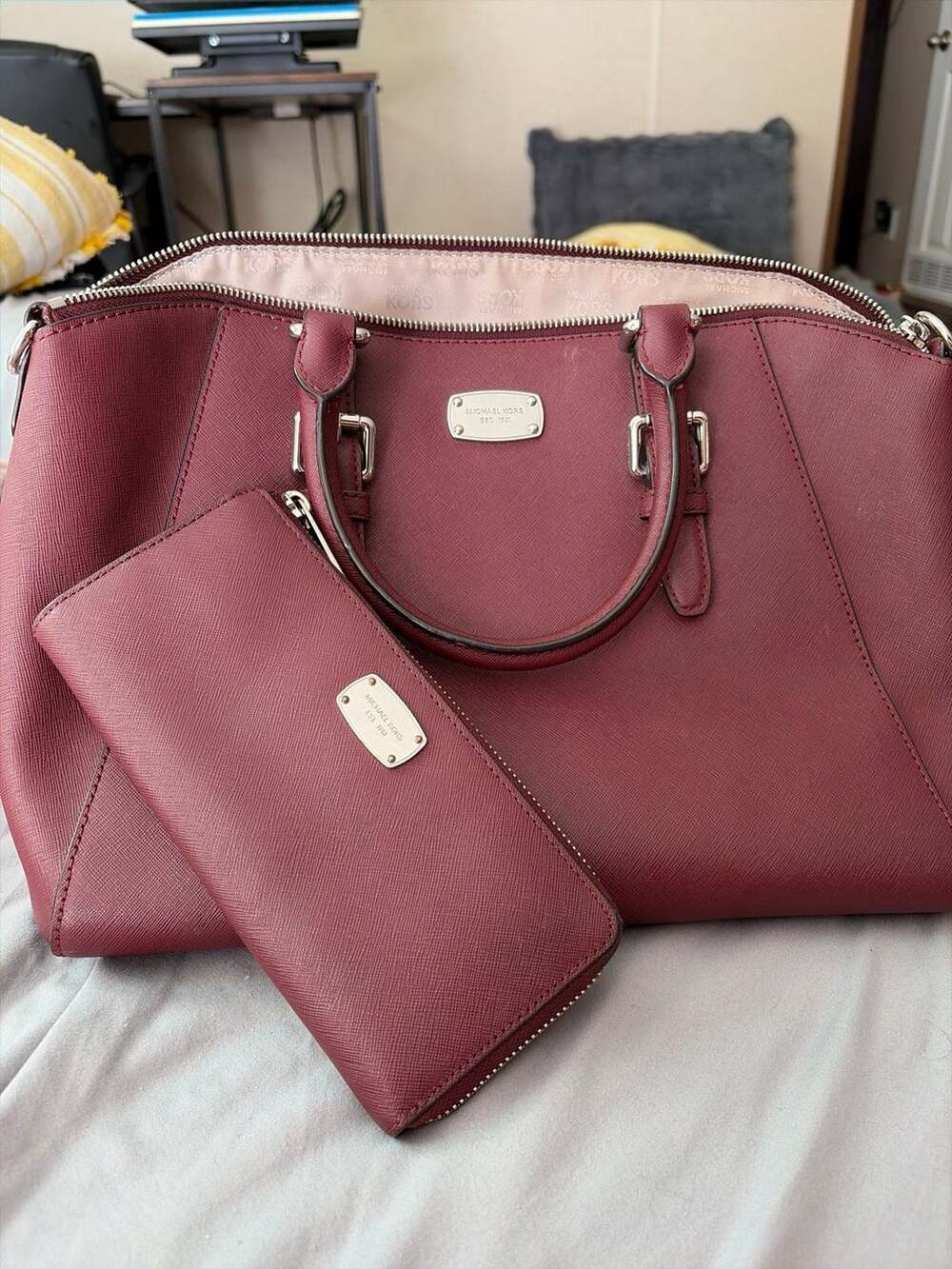 Michael Kors Burgundy Saffiano Leather Satchel & Matching Zip Wallet Set